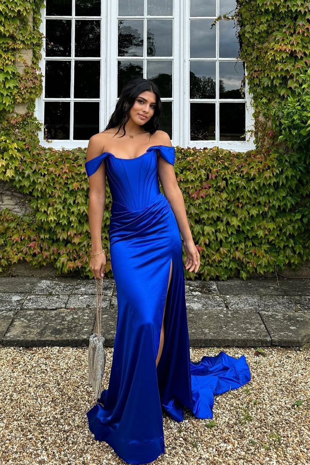 Black Prom Dress Corset Off the Shoulder Long Evening Dress with Slit