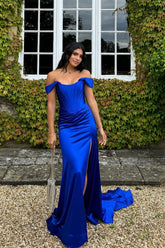 Black Prom Dress Corset Off the Shoulder Long Evening Dress with Slit