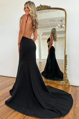 Black Prom Dress Mermaid Backless Long Sheath Formal Dress With Bow