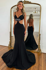 Black Prom Dress Mermaid Backless Long Sheath Formal Dress With Bow