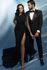 Black Prom Dress Mermaid One Shoulder Beaded Cap Sleeve Satin Formal Dress With Slit