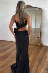 Black Prom Dress Mermaid Sequined Long Evening Dress with Bow