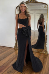 Black Prom Dress Mermaid Sequined Long Evening Dress with Bow