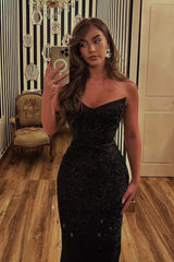 Black Prom Dress Mermaid Sweetheart Sleeveless Sequined Beading Tulle Formal Dress