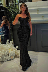 Black Prom Dress Mermaid Sweetheart Sleeveless Sequined Beading Tulle Formal Dress