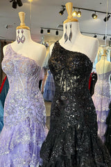 Black Prom Dress One Shoulder Tiered Lace Long Evening Dress with Slit