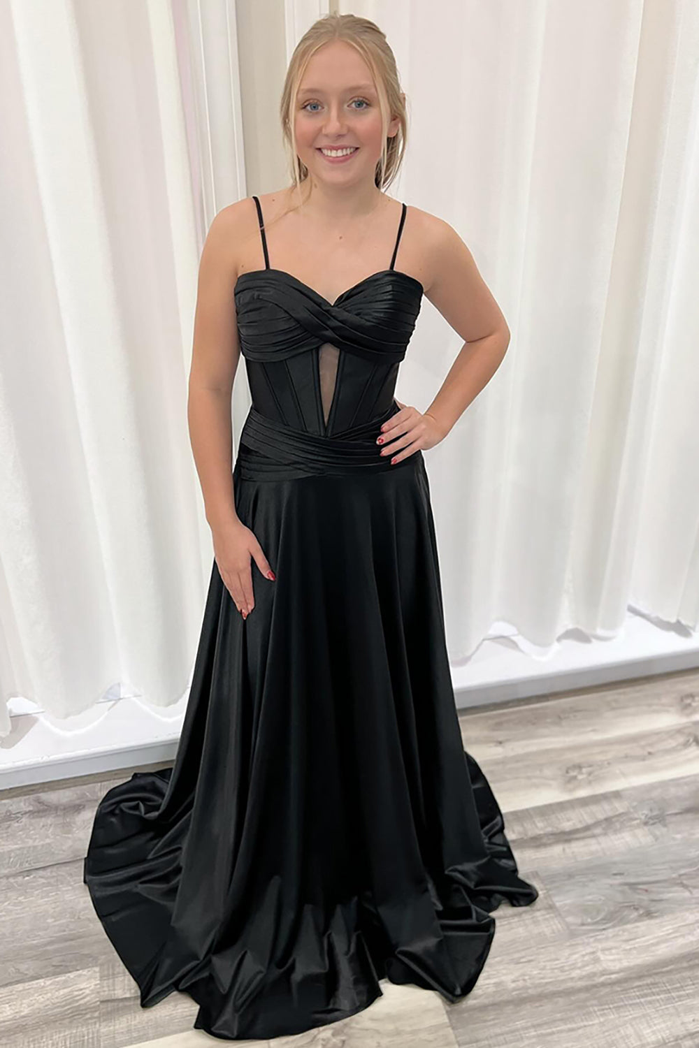 Black Prom Dress Ruched Corset Pleated A Line Satin Long Formal Dress