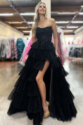 Black Prom Dress Ruffled Floor Length Tulle Formal Dress With Slit