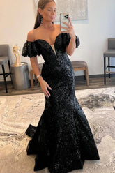 Black Prom Dress Sequin Off the Shoulder Long Evening Dress