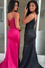 Black Prom Dress Sequined Mermaid Ruche Spaghetti Straps Long Evening Dress With Slit