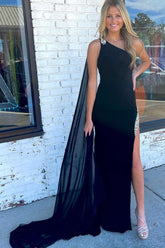 Black Prom Dress Sheath/Column Beaded One Shoulder Evening Dress
