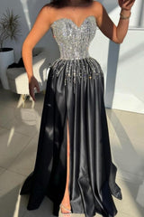 Black Prom Dress Sweetheart A Line Beaded Sleeveless Satin Formal Dress With Slit