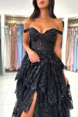 Black Prom Dress Sweetheart A Line Off The Shoulder Sleeveless Lace Dresses With Slit