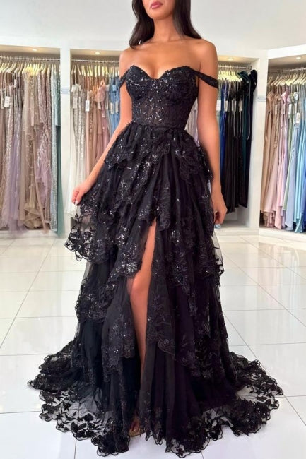 Black Prom Dress Sweetheart A Line Off The Shoulder Sleeveless Lace Dresses With Slit