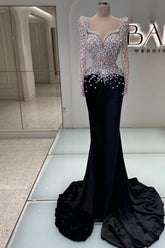 Black Prom Dress Sweetheart Mermaid Beaded Sequined Sleeve Formal Dress With Pearls