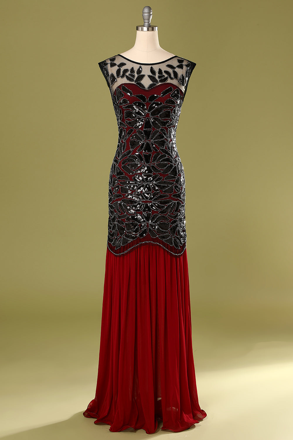 Black Red 1920s Cap Sleeve Long Flapper Evening Dress