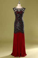 Black Red 1920s Cap Sleeve Long Flapper Evening Dress