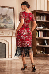 Black Red V-Neck Batwing Sleeve Fringe 1920s Gatsby Dress