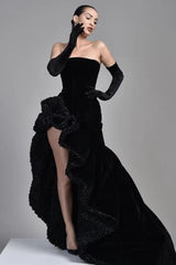 Black Samt Half Sleeves Off the Shoulder Evening Dress with High Slit