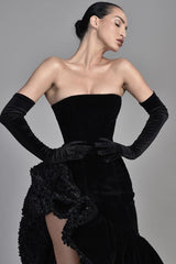 Black Samt Half Sleeves Off the Shoulder Evening Dress with High Slit