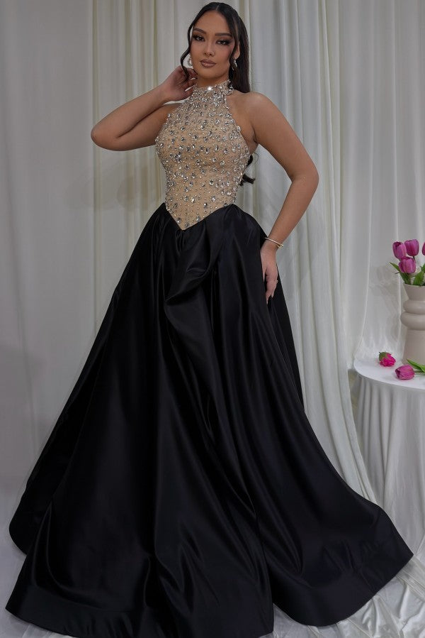 Black Satin A Line Prom Dress with Crystal Halter Bodice