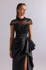 Black Satin Prom Dress with Beaded Illusion Bodice and Side Slit