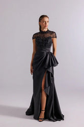 Black Satin Prom Dress with Beaded Illusion Bodice and Side Slit
