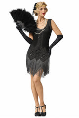 Black Sequin 1920s Dress Scoop Neck Fringe Flapper Dress