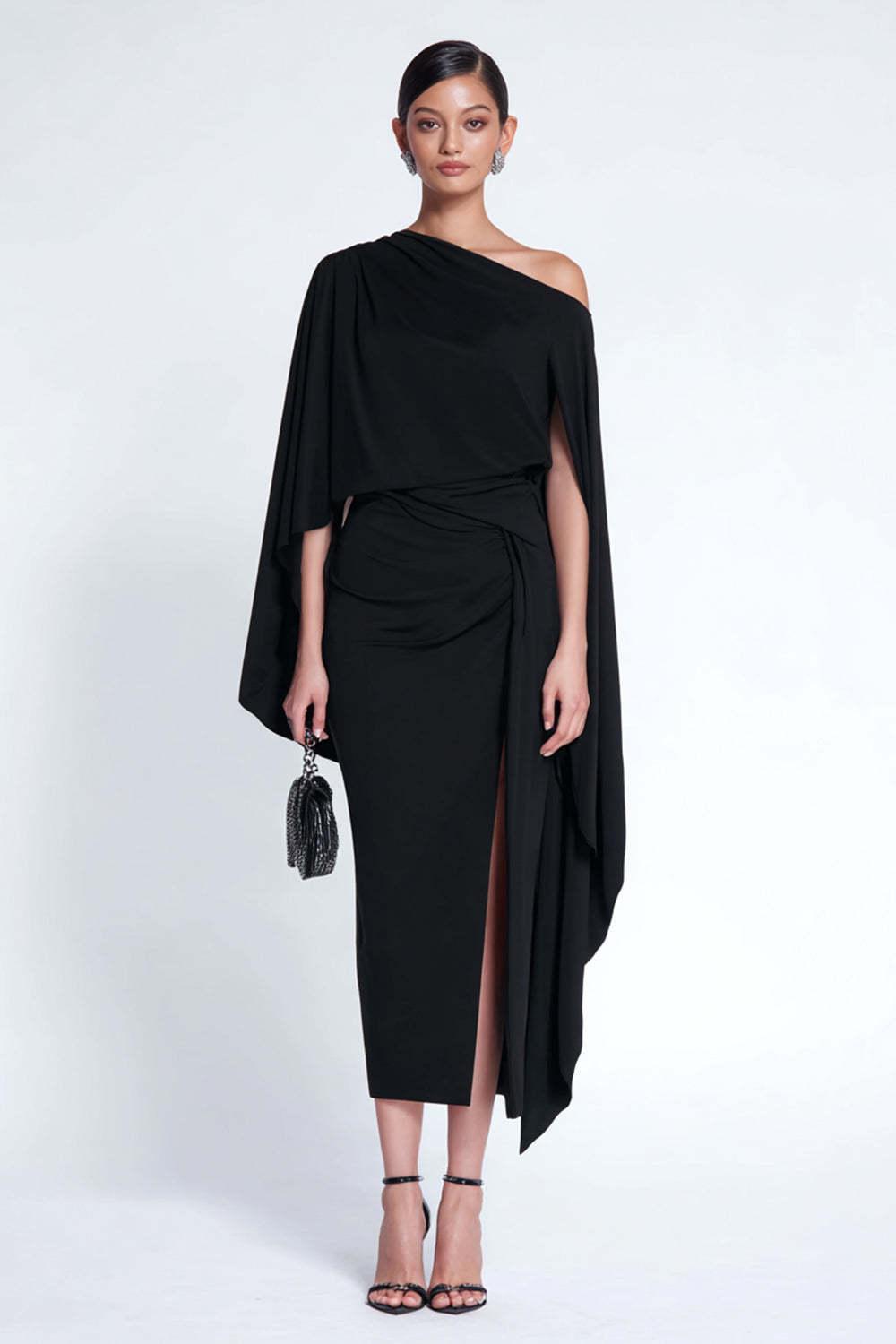 Black Sheath One Shoulder Midi Prom Dress With Cape