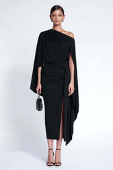 Black Sheath One Shoulder Midi Prom Dress With Cape