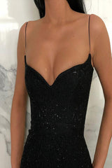 Black Sheath Spaghetti Straps Open Back Sequins Prom Dress