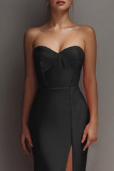 Black Sheath Sweetheart Long Satin Prom Dress With Slit