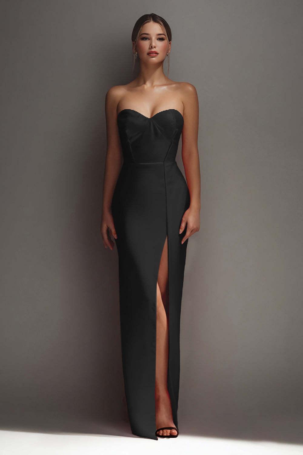 Black Sheath Sweetheart Long Satin Prom Dress With Slit
