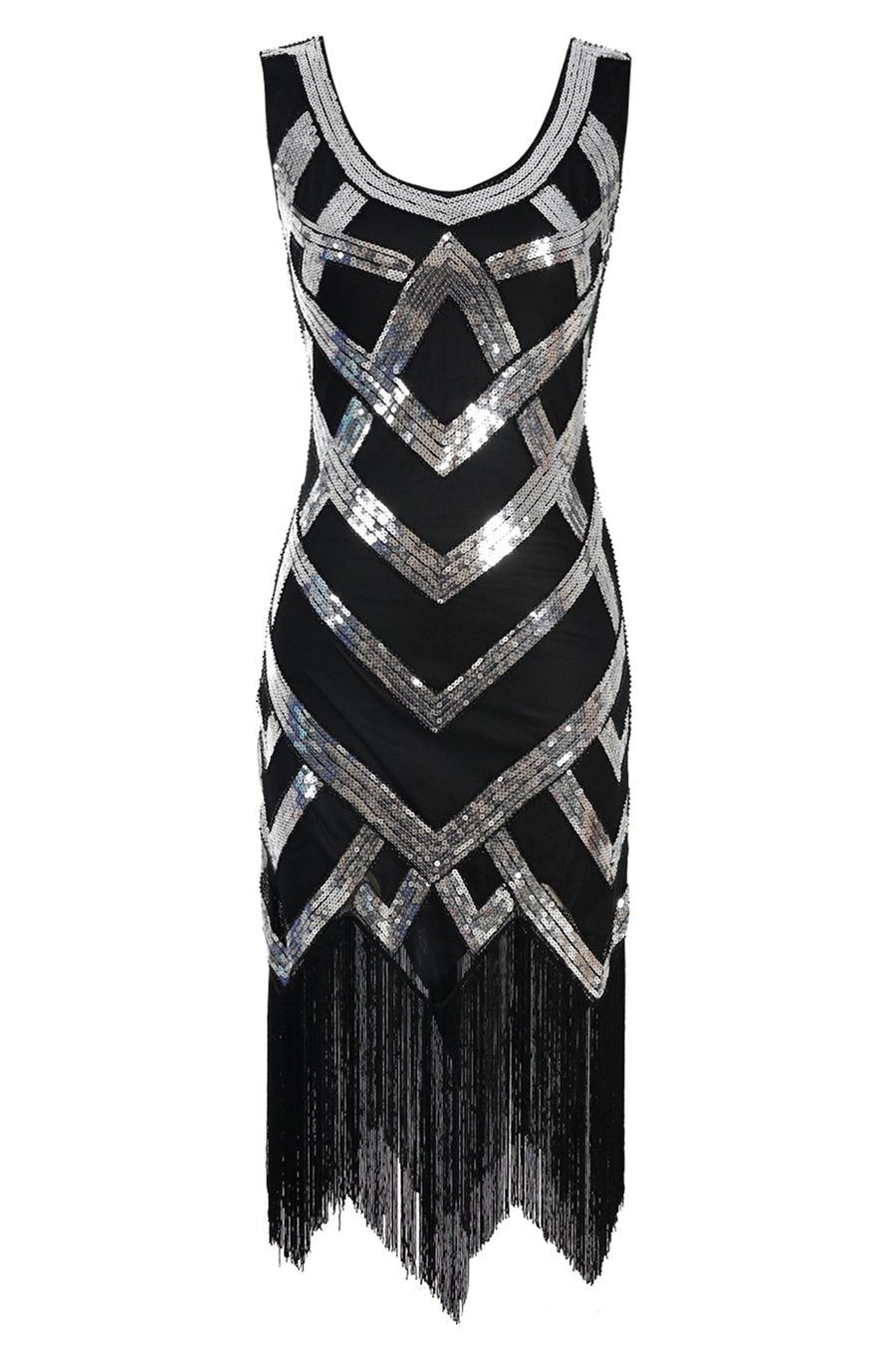 Black Silver Sleeveless Scoop Neck Fringe Flapper 1920s Dress