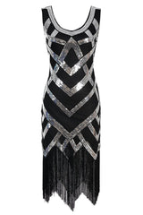 Black Silver Sleeveless Scoop Neck Fringe Flapper 1920s Dress
