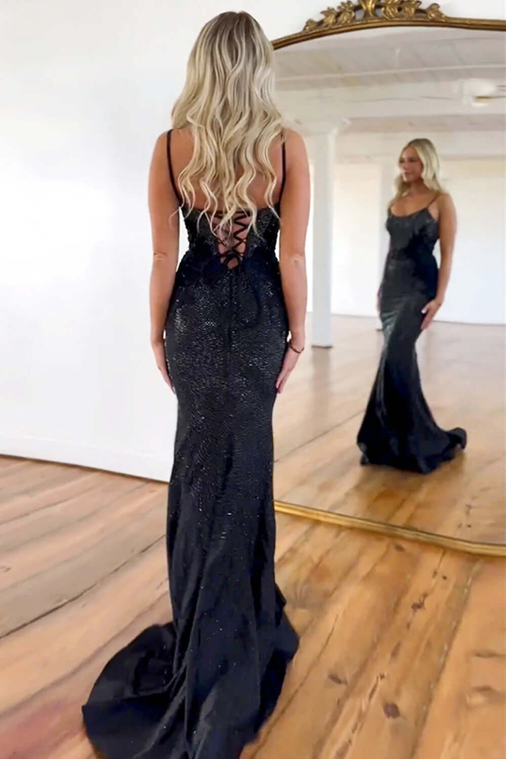 Black Spaghetti Straps Evening Dress Mermaid Long Corset Prom Dress with Beadings