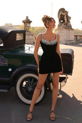 Black Straps Graduation Dress Sleeveless Short Cocktail Dress With Beading