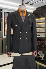 Black Striped Double Breasted Business Men's Suit