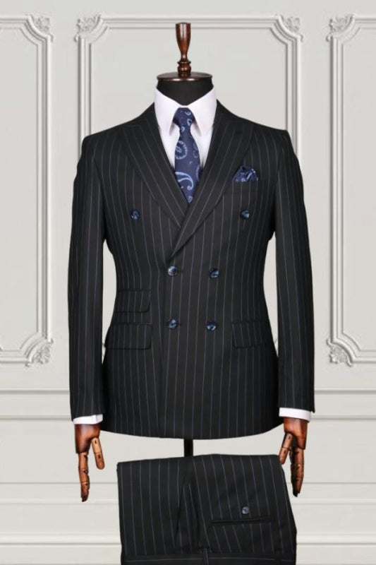 Black Striped Double Breasted Peaked Lapel Business Suit