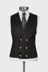Black Striped Peaked Lapel 3 Piece Business Men's Suit