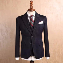 Black Striped Peaked Lapel Three Piece Business Suit