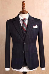 Black Striped Peaked Lapel Three Piece Business Suit