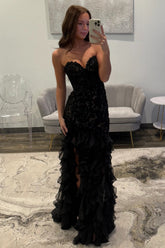 Black Sweetheart Mermaid Lace Prom Dress With Ruffle Skirt Formal Evening Gown