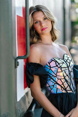 Black Sweetheart Neck Graduation Dress A Line Short Cocktail Dress with Sleeves