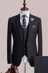 Black Three Piece Plaid Notched Lapel Business Suit