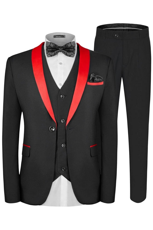 Black Three Piece Wedding Suit with Red Shawl Lapel
