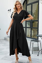 Black V Neck Wedding Guest Dress High Low Batwing Sleeves Party Dress