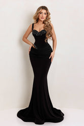 Black Velvet Evening Dress Mermaid Sweetheart Beaded Spaghetti Strap Christmas Party Dress