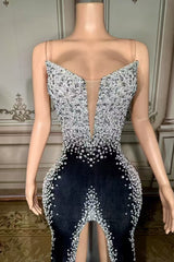 Black Velvet Formal Dress Beaded Christmas Party Dress with Slit