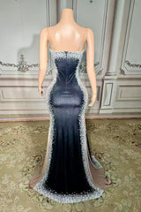 Black Velvet Formal Dress Beaded Evening Dress with Slit
